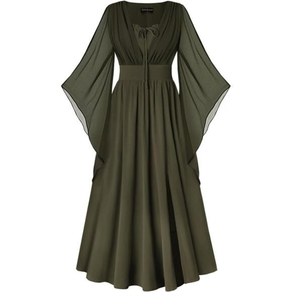 Women Bell Sleeve Fairy Dresses Split Maxi Olive Green - Picture 1 of 6